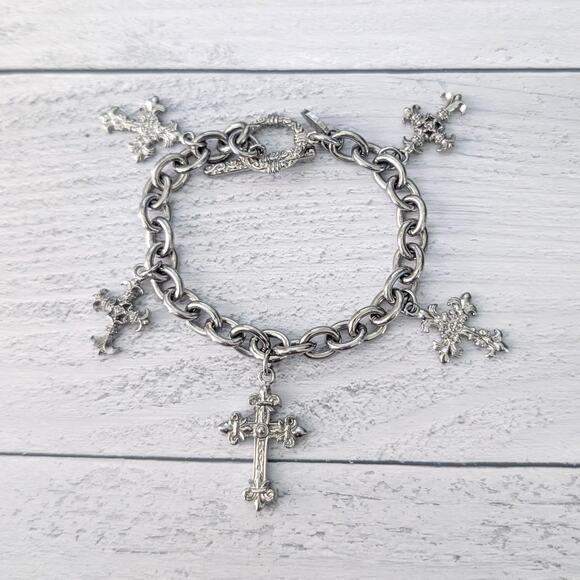 Stainless Steel Bracelet with Ornate Cross Charms - Picture 1 of 8